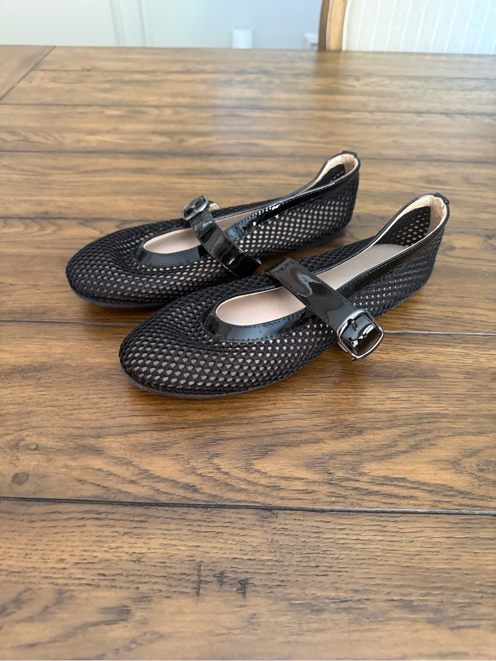 Black Mesh Mary Jane Flats with Patent Strap